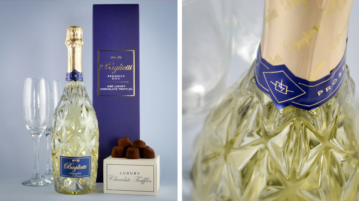 Baglietti Prosecco and chocolate gift set with luxury box and shown with glass flutes, perfect anniversary or celebration gift